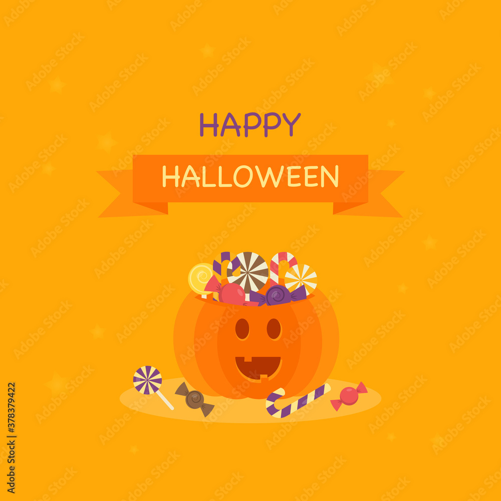 This is an illustration of pumpkin and candy on a light background. Flat style. Could be used for flyers, postcards, banners, holidays, etc. This is an illustration of pumpkin and candy on a light background. Flat style. Could be used for flyers, postcards, banners, holidays, etc.