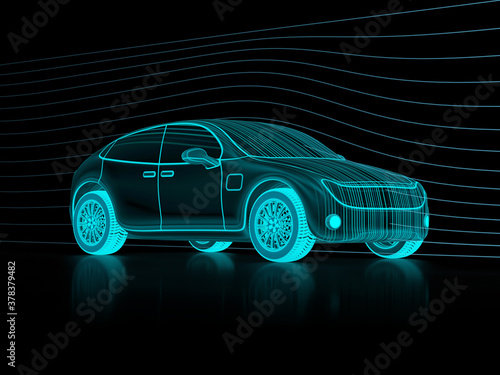 Digital wireframe of futuristic electric vehicle, self driving car, autonomous technologies. 3d render.