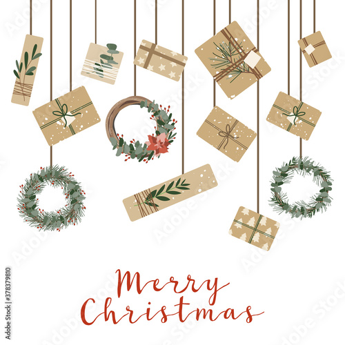 Merry Christmas. Hanging presents in kraft paper and wreaths. Rustic gift box. Eco decoration, eucalyptus and spruce. Xmas and New Year celebration preparation. Vector flat cartoon style