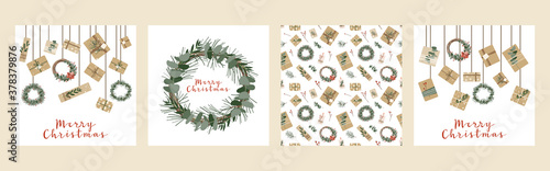 Set of square christmas cards, invitation. Presents in kraft paper, candles and wreaths. Rustic gift box. Eco decoration. Xmas and New 2021 Year celebration preparation. Vector flat cartoon style