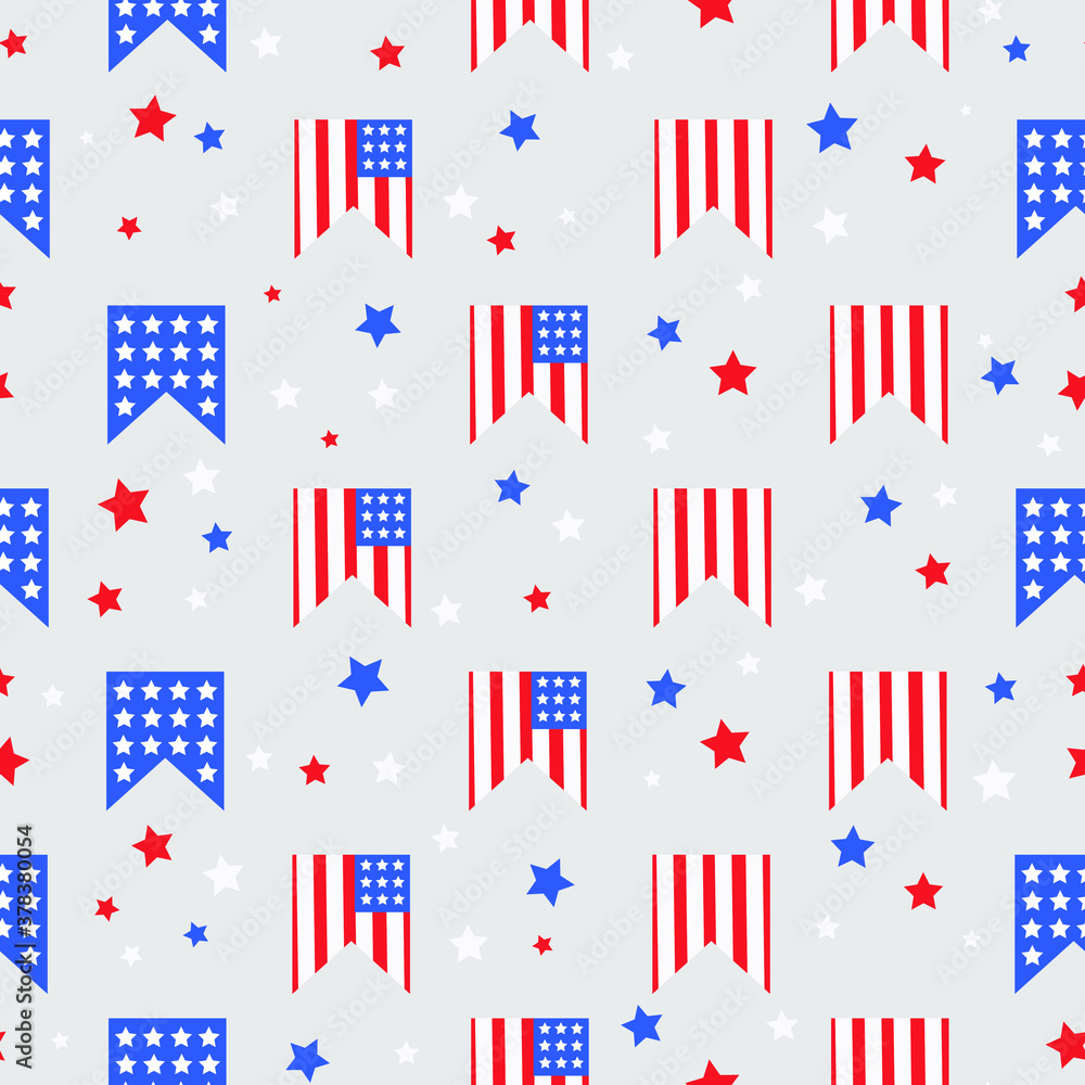 Obraz premium This is a seamless pattern of the flag USA on a gray background. Could be used for flyers, postcards, banners, gift paper, holiday, etc.
