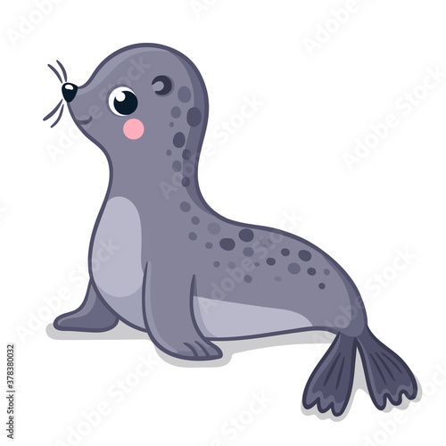 Cute little gray seal sits on a white background. Vector illustration in cartoon style.
