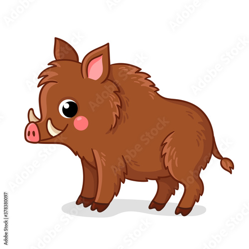Small brown boar stands on a white background. Vector illustration in cartoon style.
