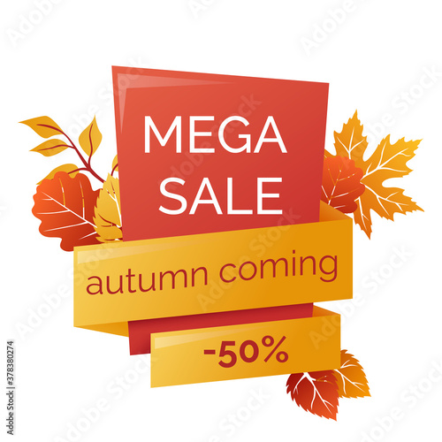 Autumn sale banner template. Sale banner with autumn leaves. Special offer sale tag discount symbol retail sticker isolated on white. photo