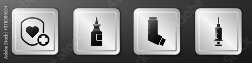 Set Shield and heart rate, Bottle nasal spray, Inhaler and Syringe icon. Silver square button. Vector.