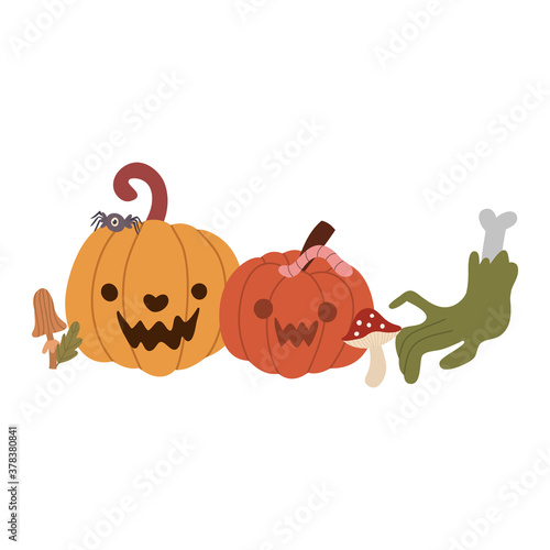 Halloween composition of pumpkin, mushrooms, spider, worm, severed hand. For postcards, banners, invitations. Vector hand drawn illustration.