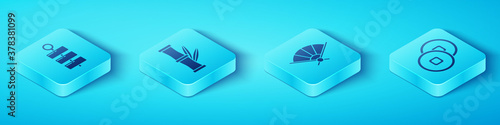 Set Isometric Firework, Bamboo, Chinese Yuan currency and Paper chinese folding fan icon. Vector.