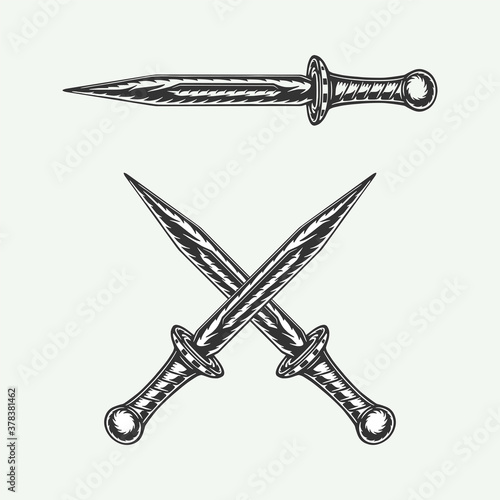 Vintage retro woodcut antique dagger knife sword. Can be used like emblem, logo, badge, label. mark, poster or print. Monochrome Graphic Art. Vector Illustration..
