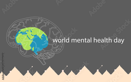 Stylized poster design for world mental health day. Image of the brain in the form of the planet earth. EPS10