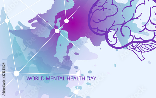 Stylized poster design for world mental health day. An image of the brain surrounded by watercolor splashes, neural networks in blue hues. EPS10