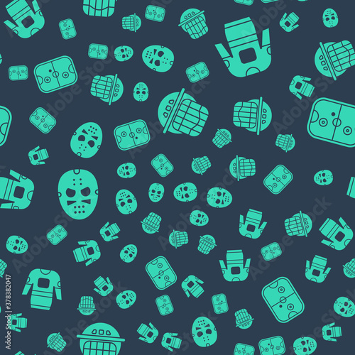 Set Hockey helmet, Hockey jersey, Hockey mask and Air hockey table on seamless pattern. Vector.