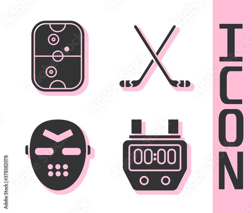 Set Stopwatch, Air hockey table, Hockey mask and Ice hockey sticks icon. Vector.