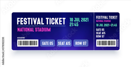 Festival ticket template. Modern style ticket design for entrance. Vector ticket for festival, event, party, cinema, theater, concert, play.