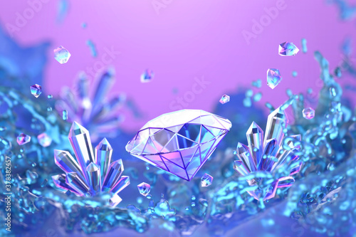 Abstract Colorful Diamond with Colorful Liquid Splash Soft Focus   3D Rendering