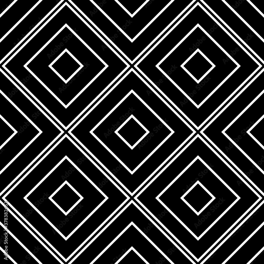 Repeated black diamonds and lines. Ikat wallpaper. Seamless surface pattern design with rhombuses ornament. Lozenge motif. Digital paper for page fills, textile print, web designing. Ethnic vector art