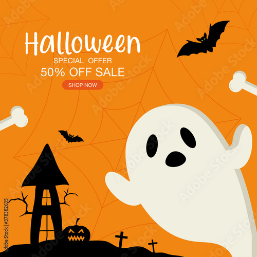 halloween special offer sale with ghost cartoon design, shop now and ecommerce theme Vector illustration