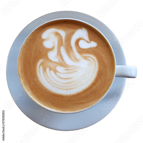 cup of hot coffee latte art foam  isolated on white background