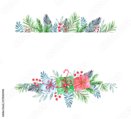 Watercolor christmas frame border with gifts fir branches