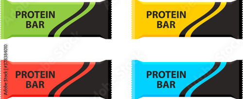 Protein bars with different flavors. Sport and fitness supplements. Vector illustration
