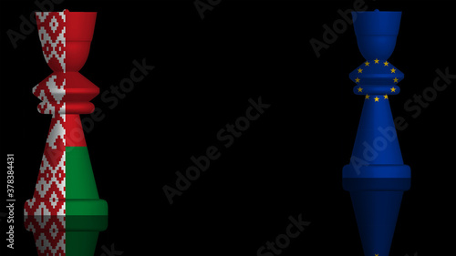 3D Illustration of a Conflict Concept between the Government of Belarus and theEuropean Union with flags painted on chess pieces. 3D rendering