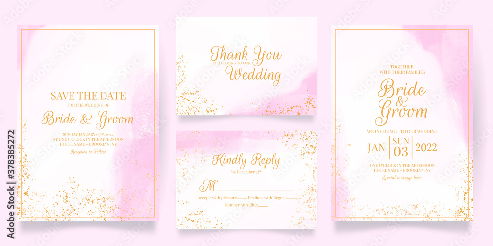 Fototapeta premium watercolor creamy wedding invitation card template set with golden floral decoration