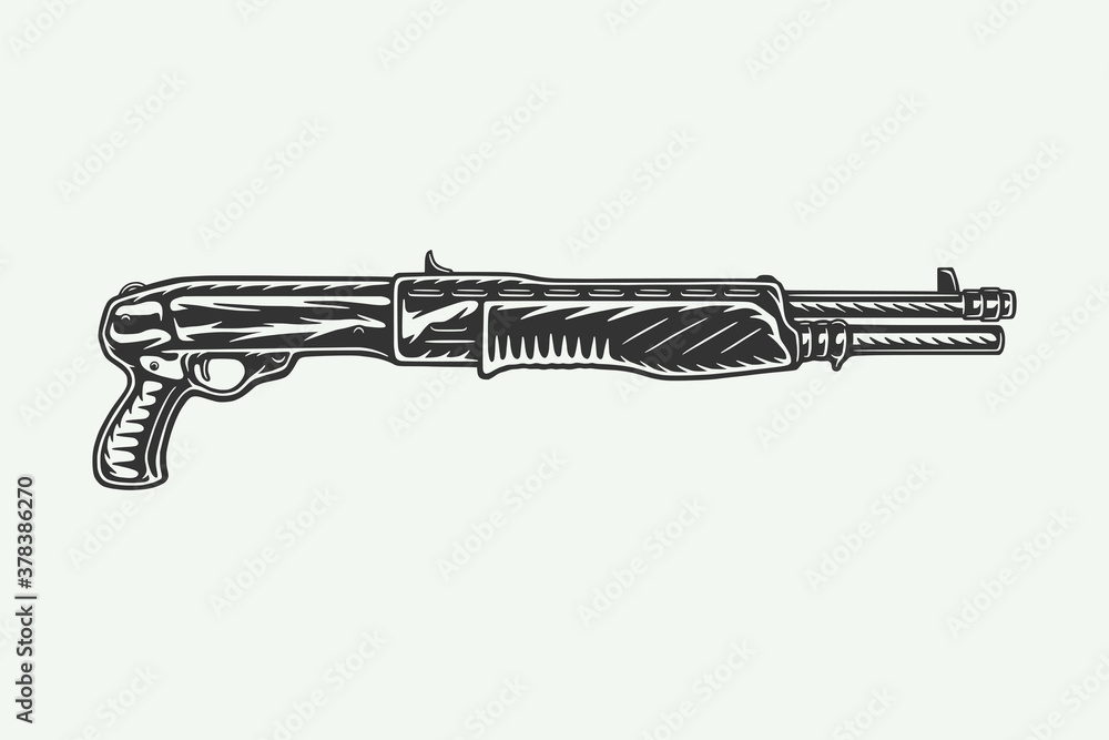 Vintage retro woodcut shotgun rifle spas 12. Can be used like emblem, logo, badge, label. mark, poster or print. Monochrome Graphic Art. Vector Illustration.. - obrazy, fototapety, plakaty 