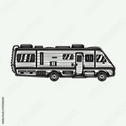Vintage retro woodcut camper RV trailer. Can be used like emblem, logo, badge, label. mark, poster or print. Monochrome Graphic Art. Vector Illustration..