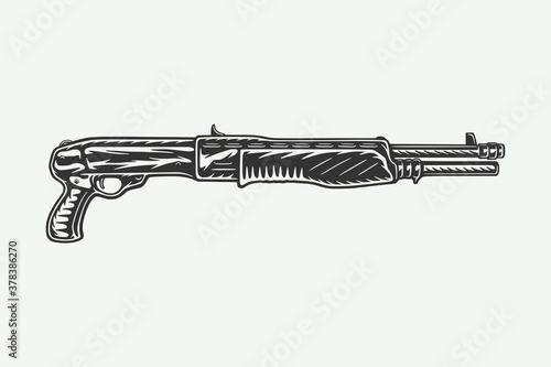 Vintage retro woodcut shotgun rifle spas 12. Can be used like emblem, logo, badge, label. mark, poster or print. Monochrome Graphic Art. Vector Illustration..