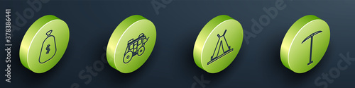 Set Isometric Money bag, Western stagecoach, Indian teepee or wigwam and Pickaxe icon. Vector.
