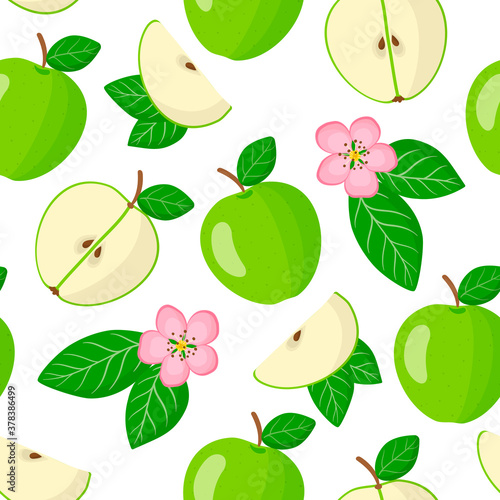 Vector cartoon seamless pattern with Malus domestica or Green apple exotic fruits, flowers and leafs on white background