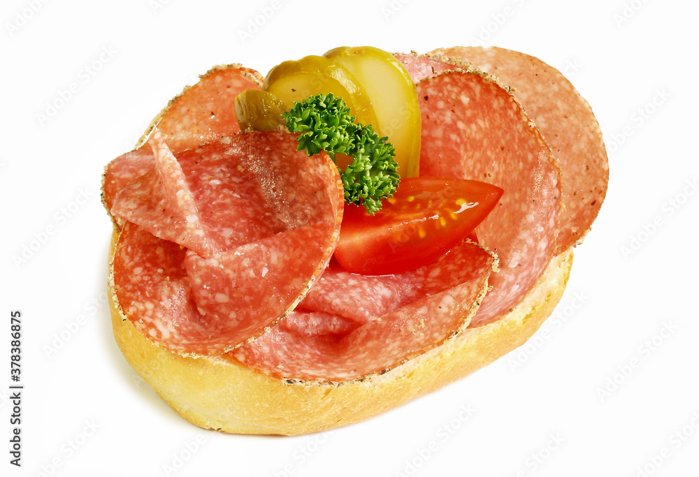 Italian Salami Slices on a Bun - Isolated on white Background