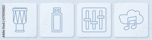 Set line Drum, Sound mixer controller, USB flash drive and Music streaming service. White square button. Vector.