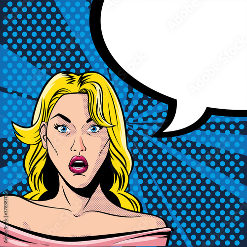 blonde woman face surprised with speech bubble, style pop art