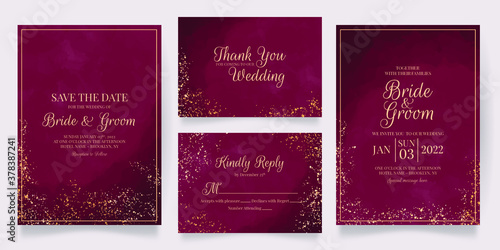 watercolor creamy wedding invitation card template set with golden floral decoration 