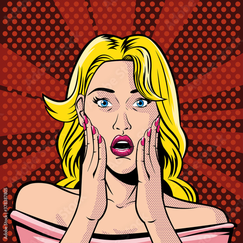 blonde woman face with open mouth, surprised, style pop art