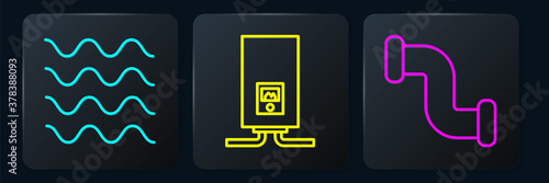 Set line Wave, Industry metallic pipe and Gas boiler with a burning fire. Black square button. Vector.