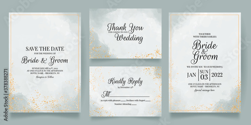 watercolor creamy wedding invitation card template set with golden floral decoration 