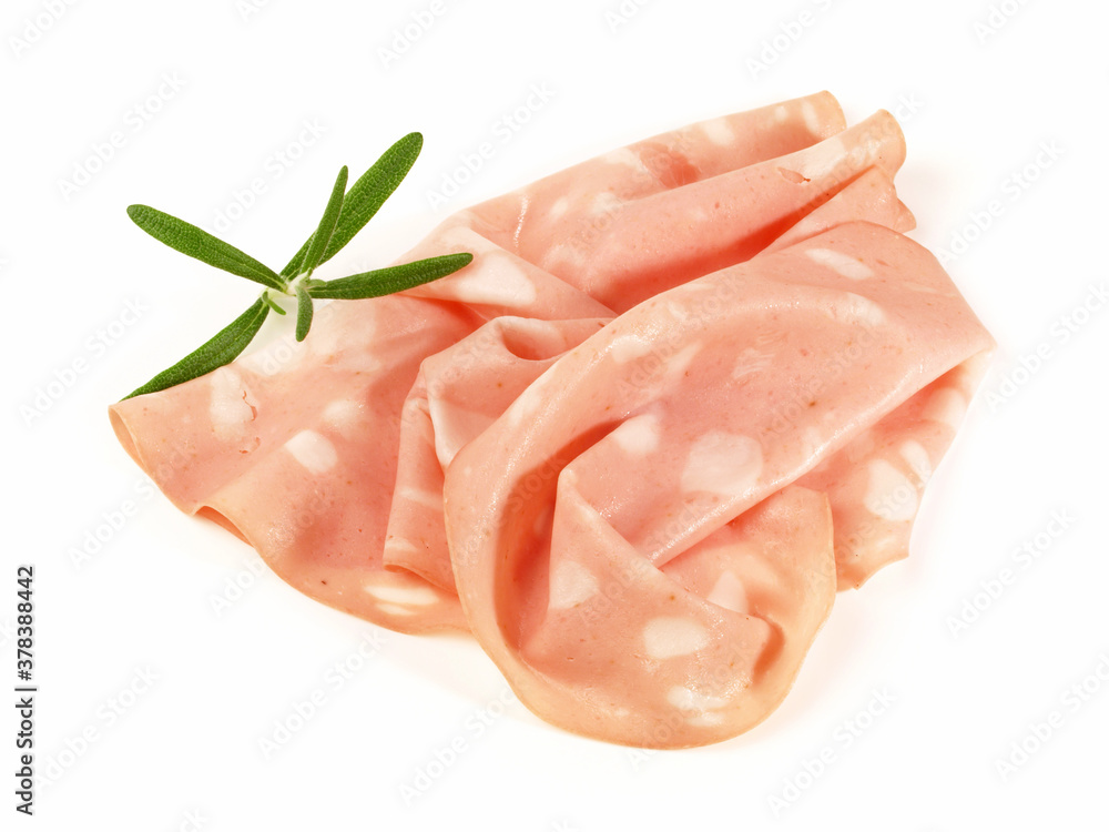 Mortadella Sausage Slices - Isolated on white Background Mortadella Sausage Slices - Isolated on white Background