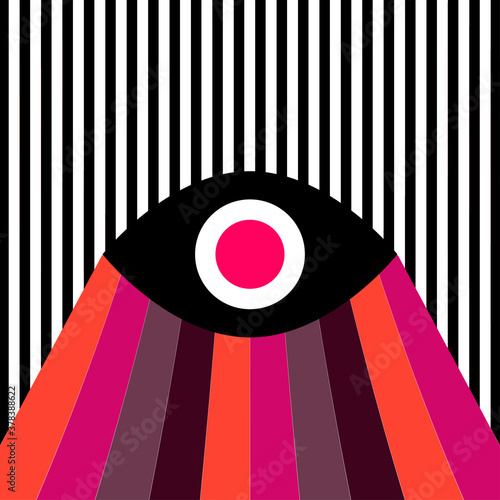 Colorful all seeing eye with black and white stripes background, funky multicolored vector art.