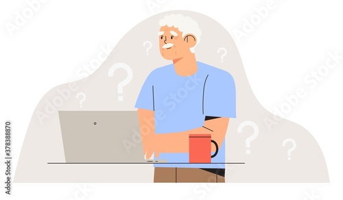 Elderly person study to work on notebook or computer and having difficulties. Older generation problems using technology. Confused Senior man with computer trying to figure out with new technologies.