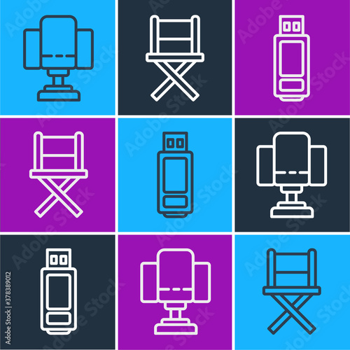 Set line Director movie chair, USB flash drive and Director movie chair icon. Vector.