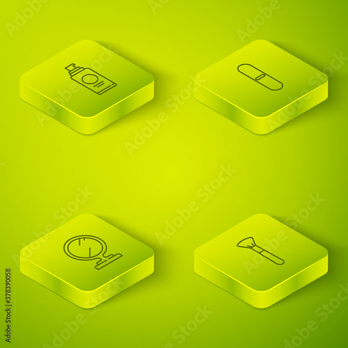 Set Isometric Nail file, Round makeup mirror, Makeup brush and Spray can for hairspray icon. Vector.