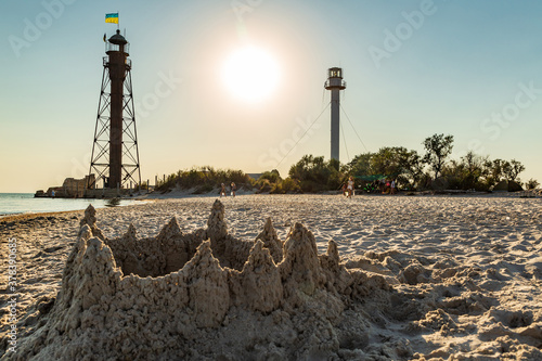 Beautiful old lighthouse on the island. Dzharylgach Island in Ukraine photo