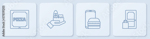 Set line Pizza in cardboard box, Online ordering and delivery, and . White square button. Vector.