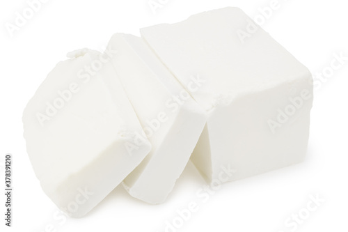 Slices feta cheese isolated on white background. Clipping path and full depth of field