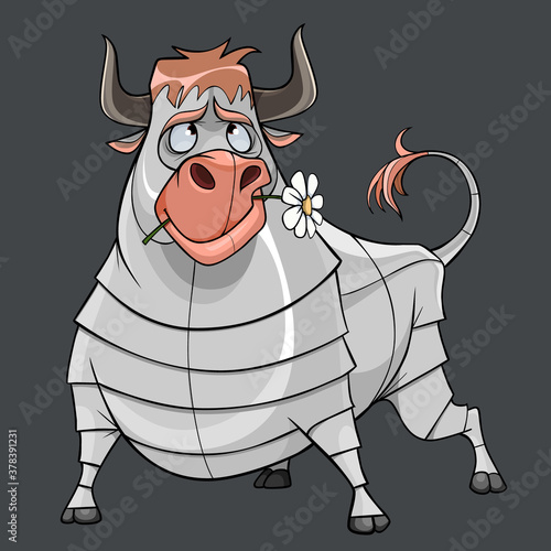 cartoon romantic white metal bull with a flower in his mouth