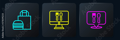 Set line Online ordering burger delivery, Cafe and restaurant location and . Black square button. Vector.