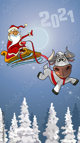 cartoon santa claus on a sleigh with a white bull flying over the forest