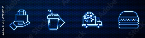 Set line Fast delivery by car, Online ordering and, Coffee cup to go and Burger. Glowing neon icon on brick wall. Vector.