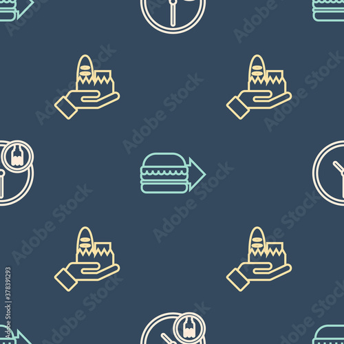 Set line Round the clock delivery, Online ordering and and burger on seamless pattern. Vector.